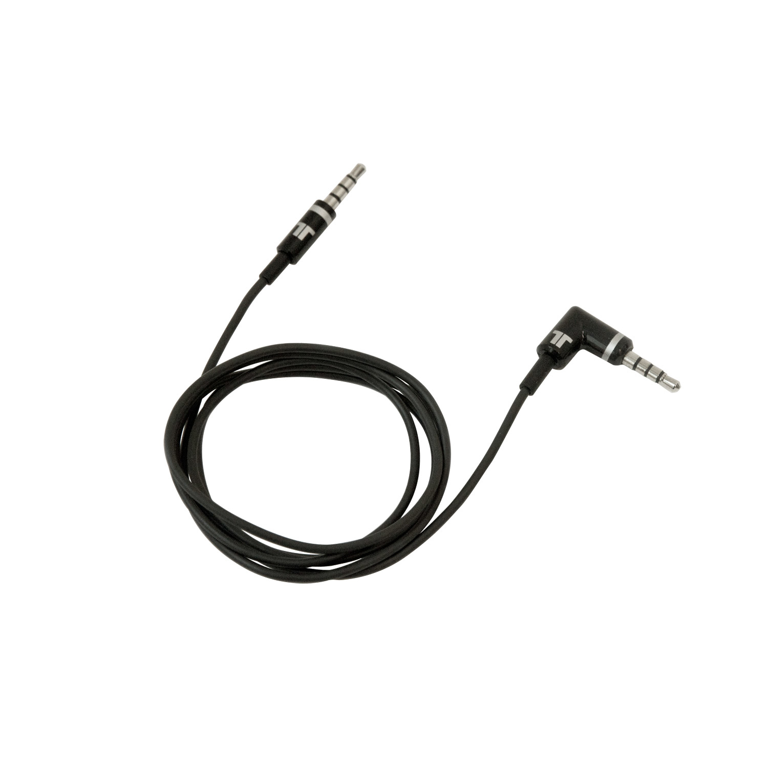 Cavo audio nero con jack da 3,5 mm angolati e diritti, su bianco.
