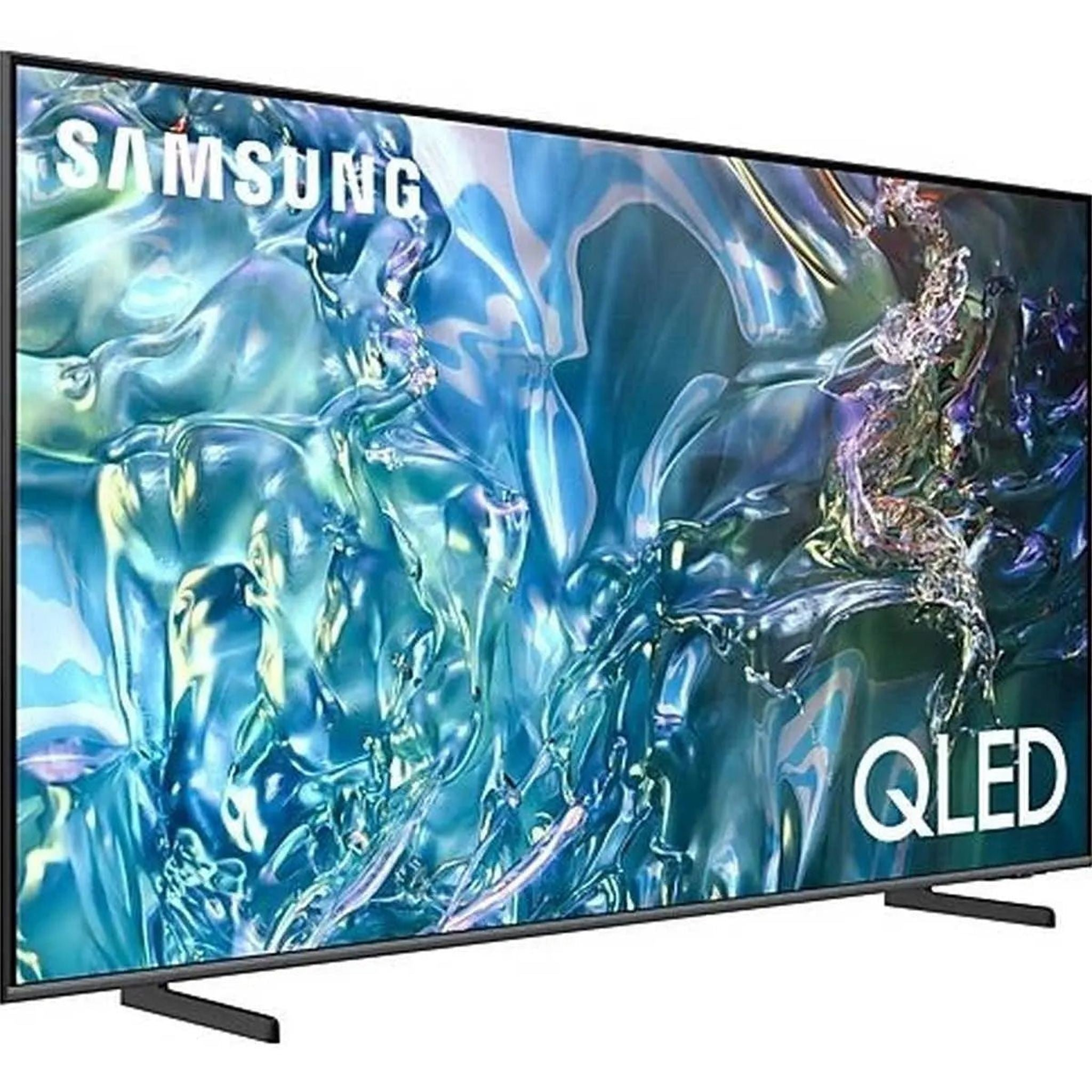 Un grand téléviseur Samsung QLED incliné affiche une image abstraite colorée.