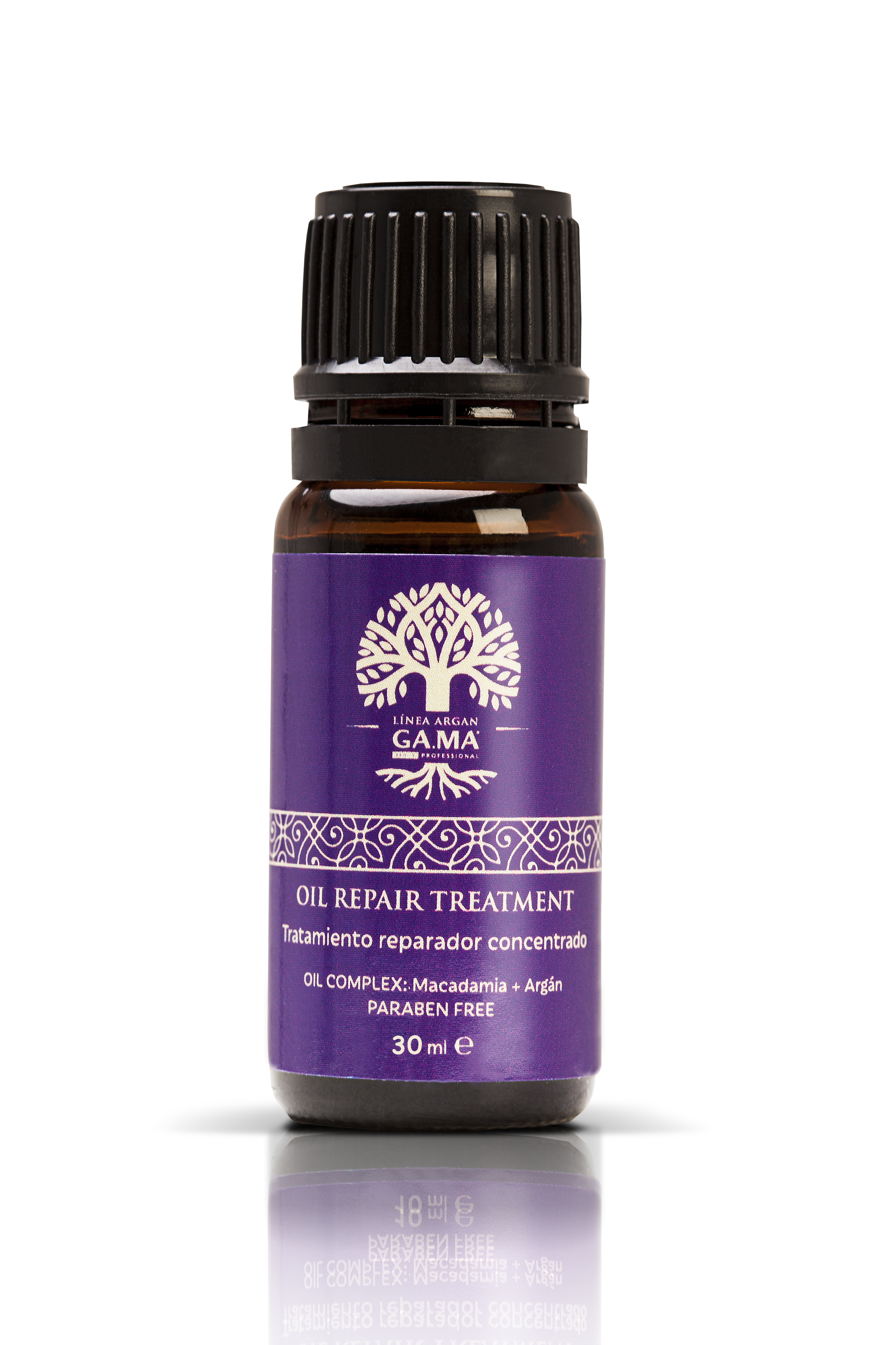 Butelka Oil Repair Treatment z fioletową etykietą na białym tle.