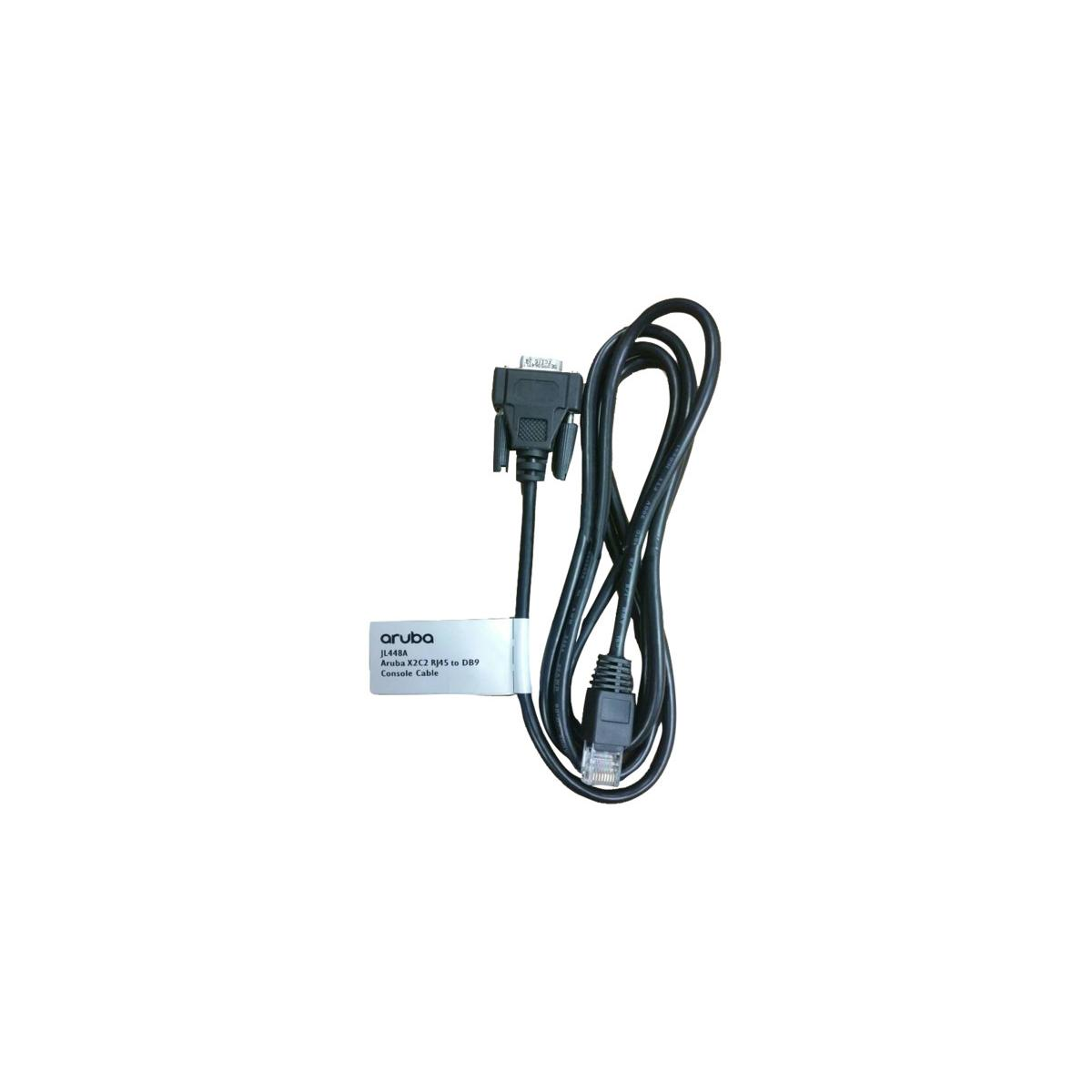 Cable de consola negro con conectores RJ45 y DB9, fondo blanco.