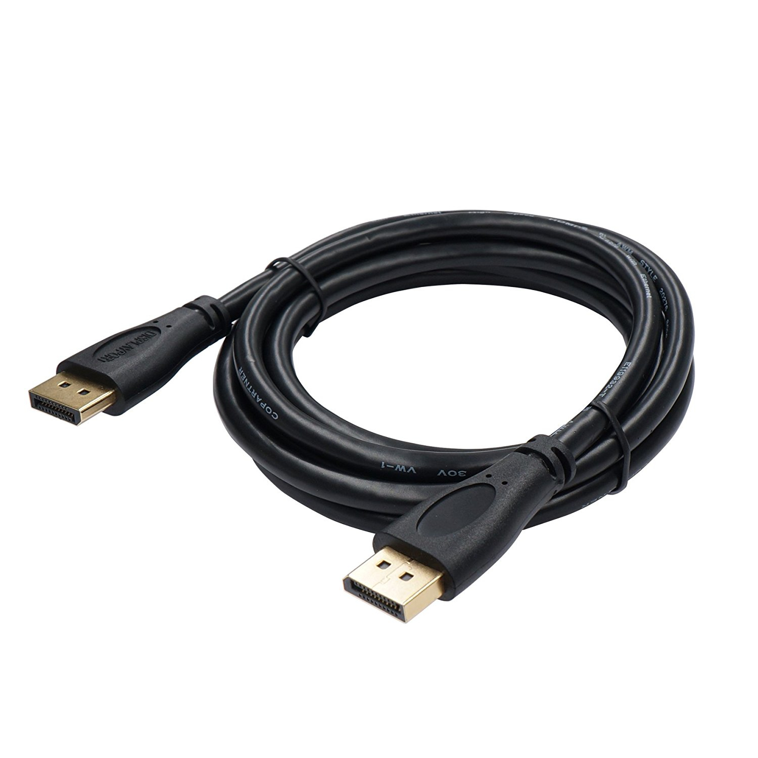 Cavo DisplayPort nero con due connettori, sfondo bianco.