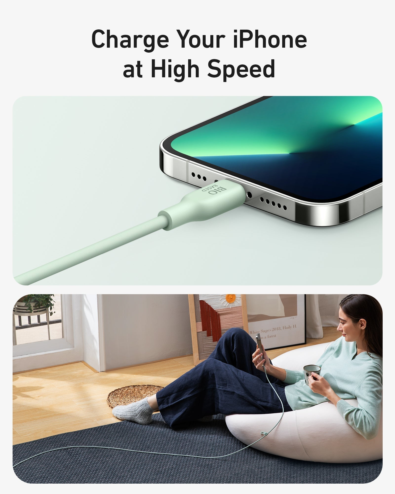 Kobieta korzysta z telefonu podczas ładowania kablem. Widoczny iPhone.