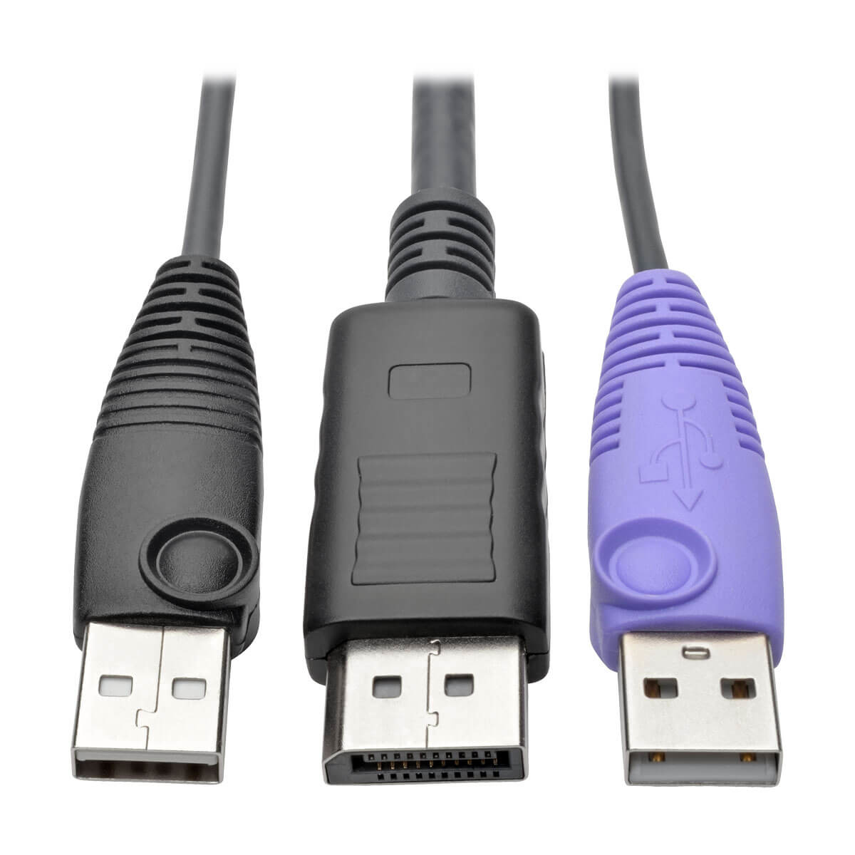 Primo piano di connettori USB, DisplayPort e USB viola. Tutti sono su cavi neri.