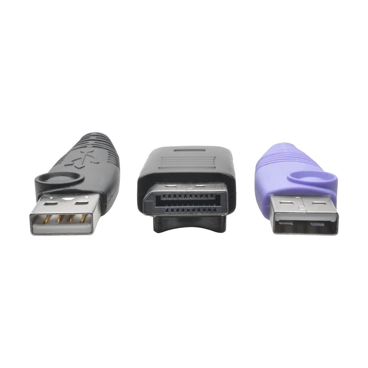 Primo piano dei connettori USB, DisplayPort e USB viola. Tutti sono orientati frontalmente.