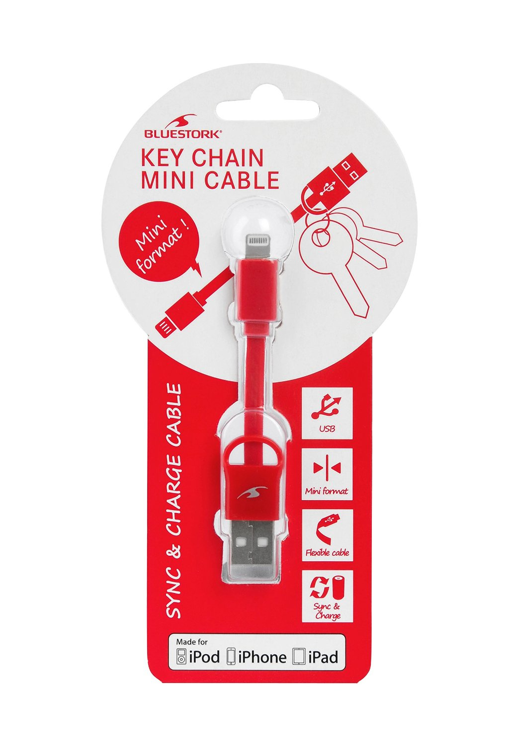 Un mini cavo rosso portachiavi con connettori USB e Lightning, su sfondo bianco e rosso.