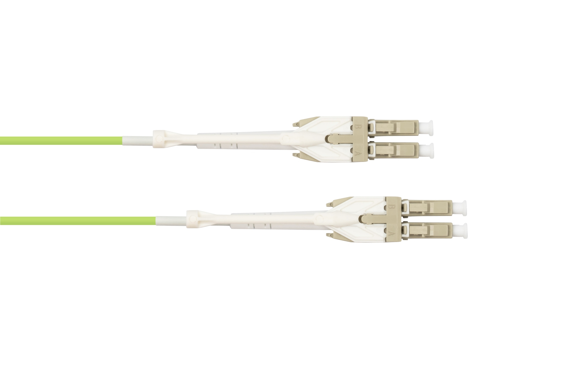 Due cavi in fibra ottica con connettori beige e cavi verdi su sfondo bianco.