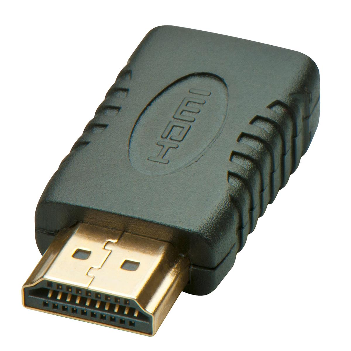 Adattatore HDMI nero con connettore dorato su sfondo bianco.