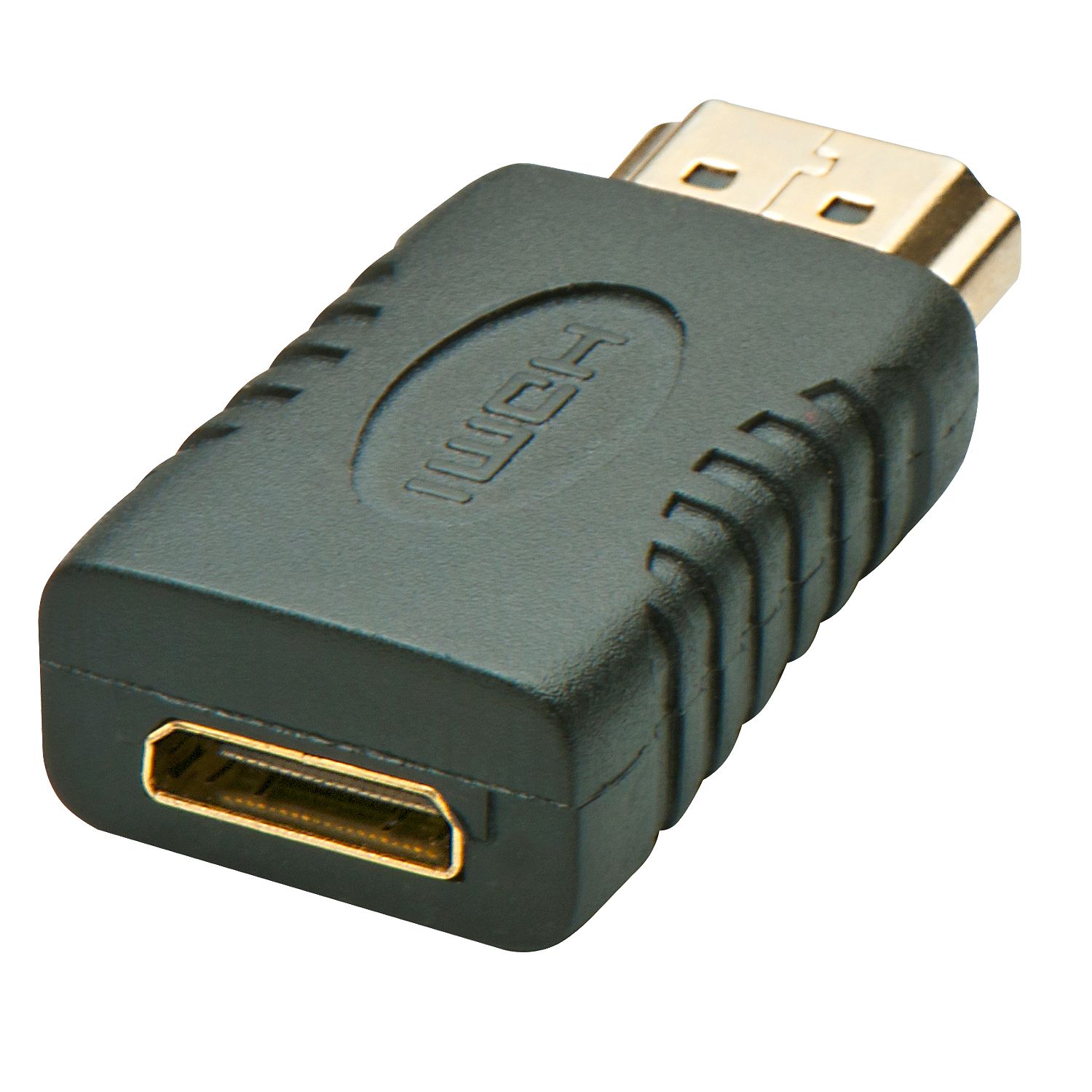 Adattatore HDMI nero con connettori dorati su sfondo bianco.