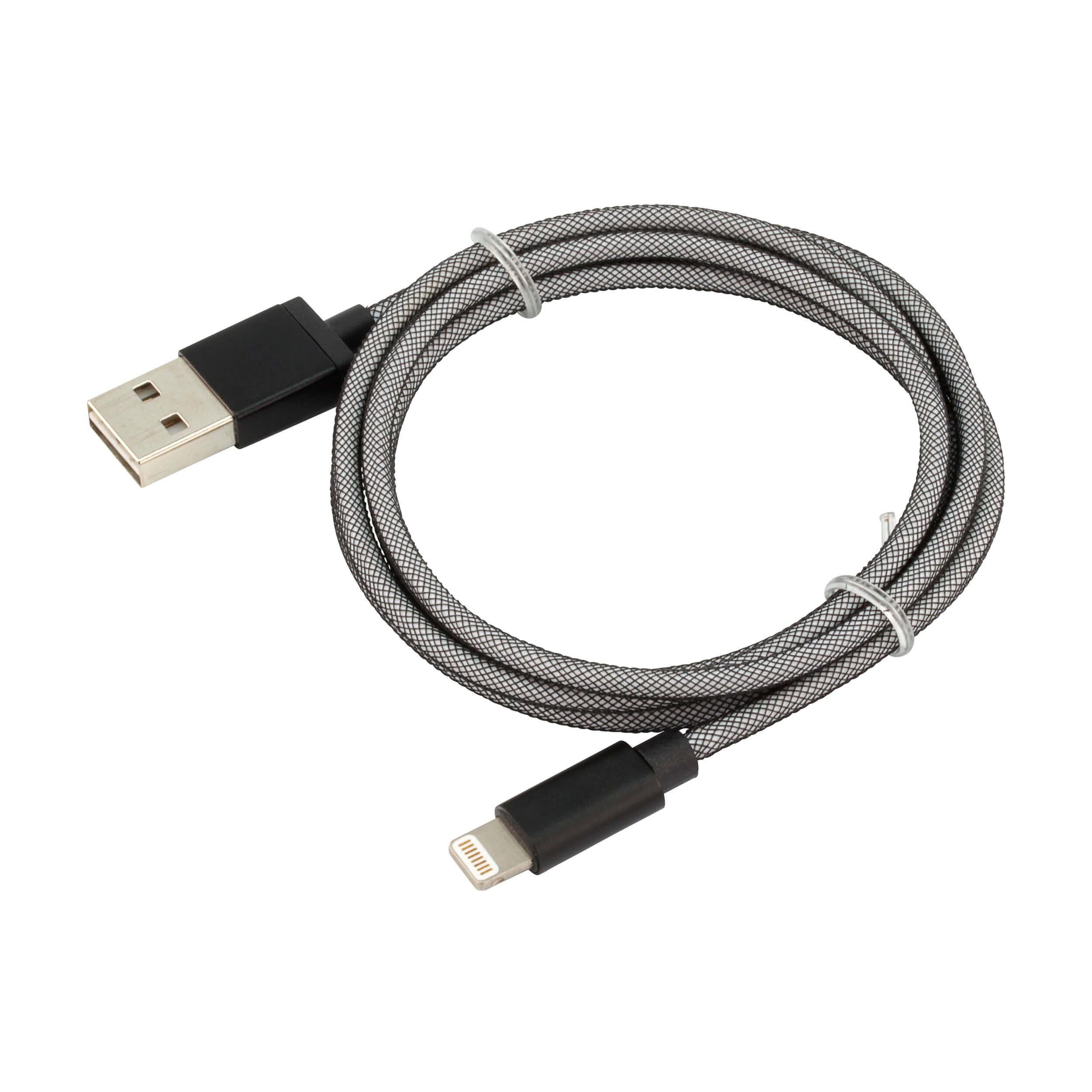 Cavo da USB a Lightning, connettori neri, cavo grigio, sfondo bianco.