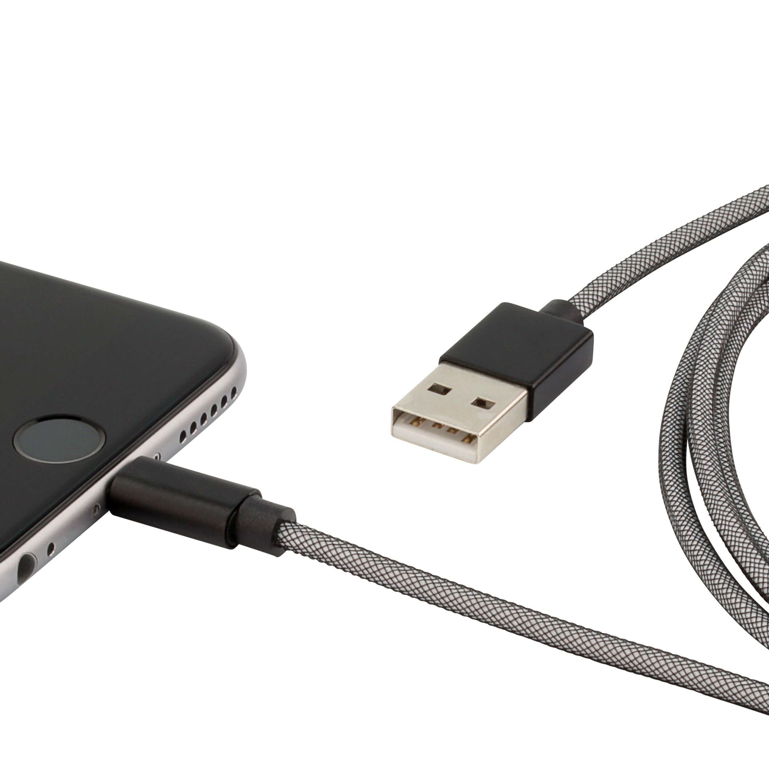 Un telefono in carica con un cavo grigio e un connettore USB.