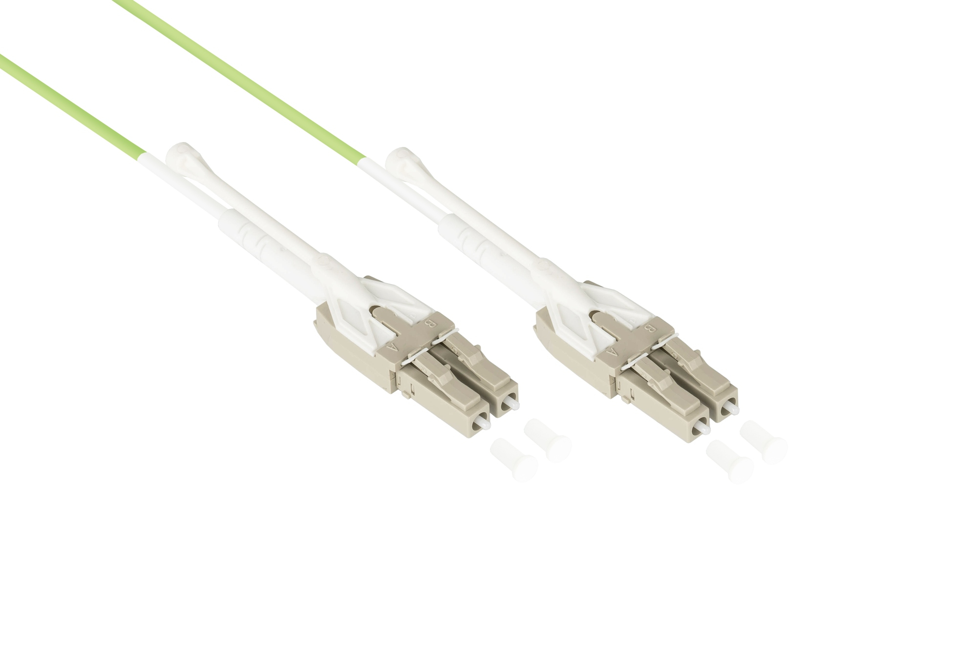 Due cavi in fibra ottica beige, ciascuno con un connettore. Lo sfondo è bianco.