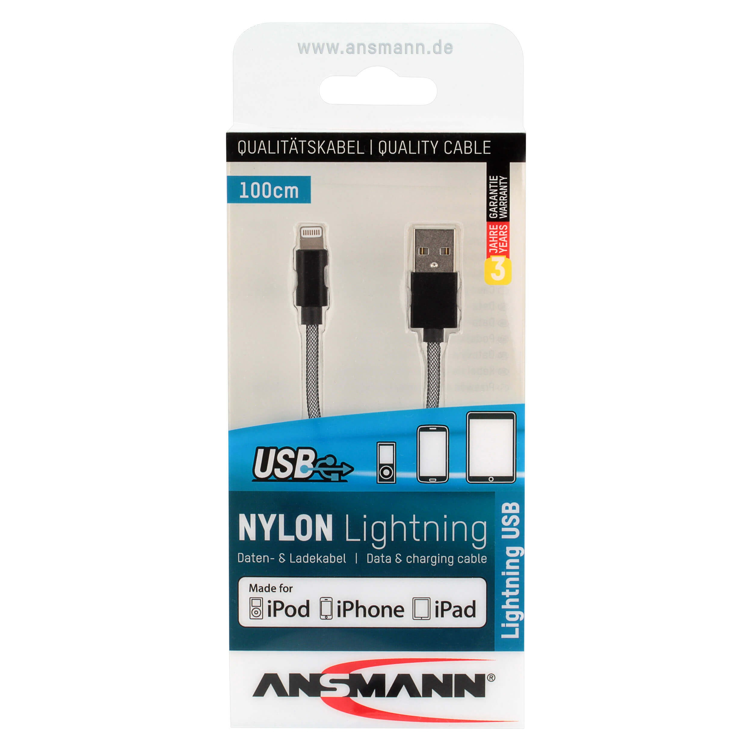 Confezione per cavo USB a Lightning, bianco e blu, cavo 100cm.
