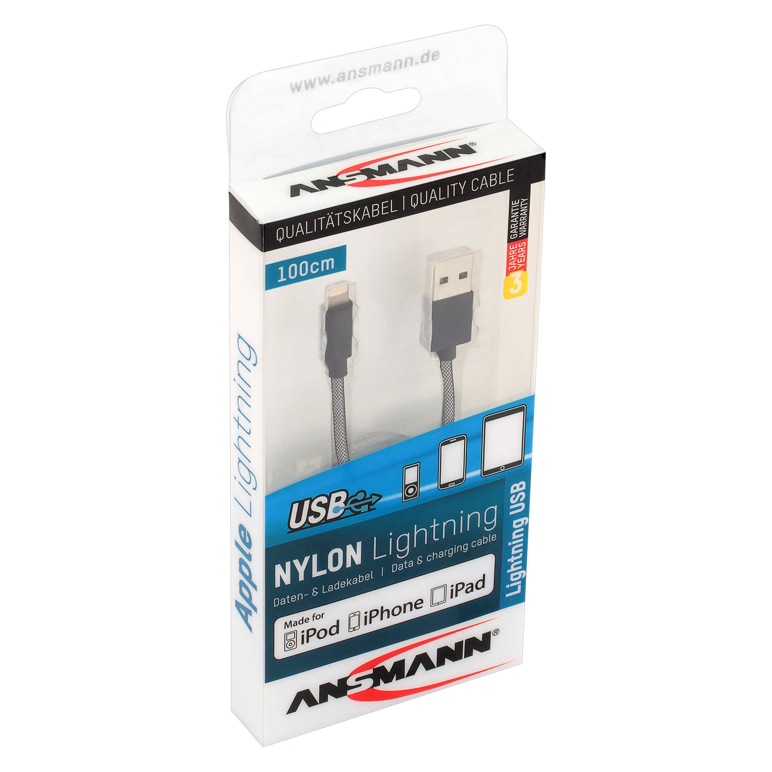Confezione bianca e blu per cavo USB a Lightning, sfondo bianco.