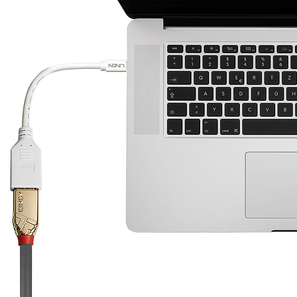 Un laptop con cavo adattatore bianco collegato, connettori bianchi e dorati.