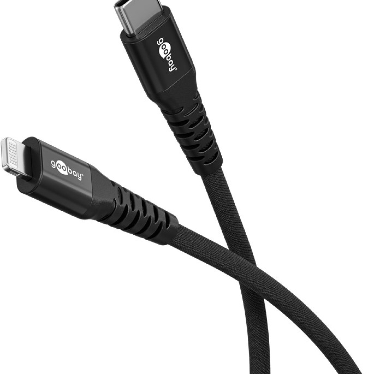 Cavo da USB-C a Lightning nero. Cavo nero con marchio bianco. Sfondo bianco.