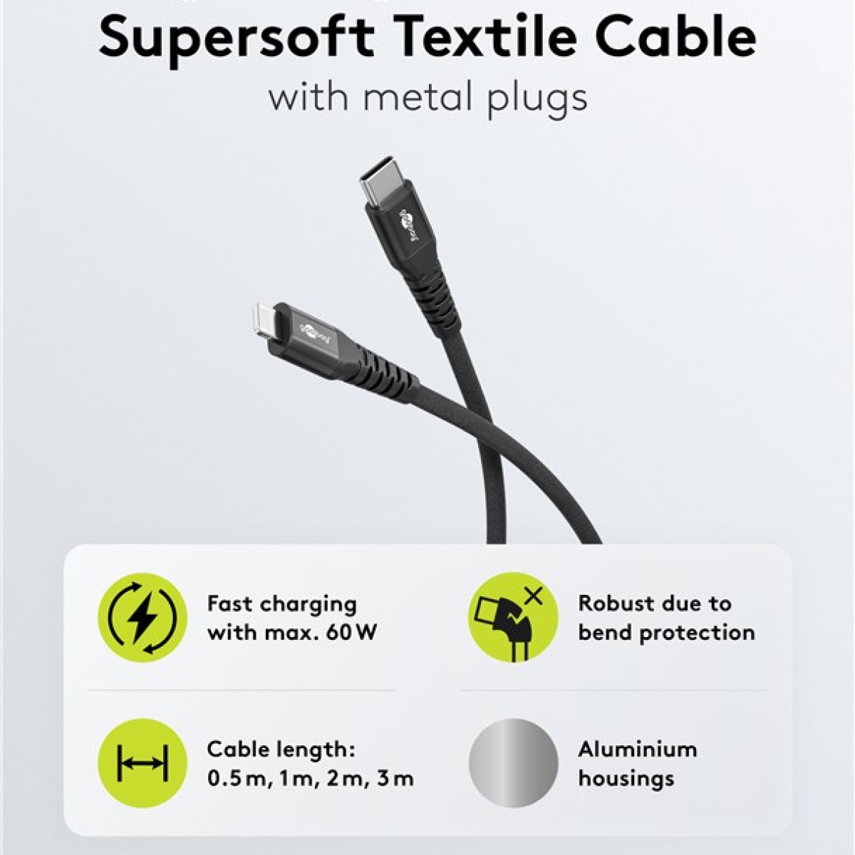 Cavo di ricarica USB-C nero con spine metalliche, caratteristiche su sfondo bianco.