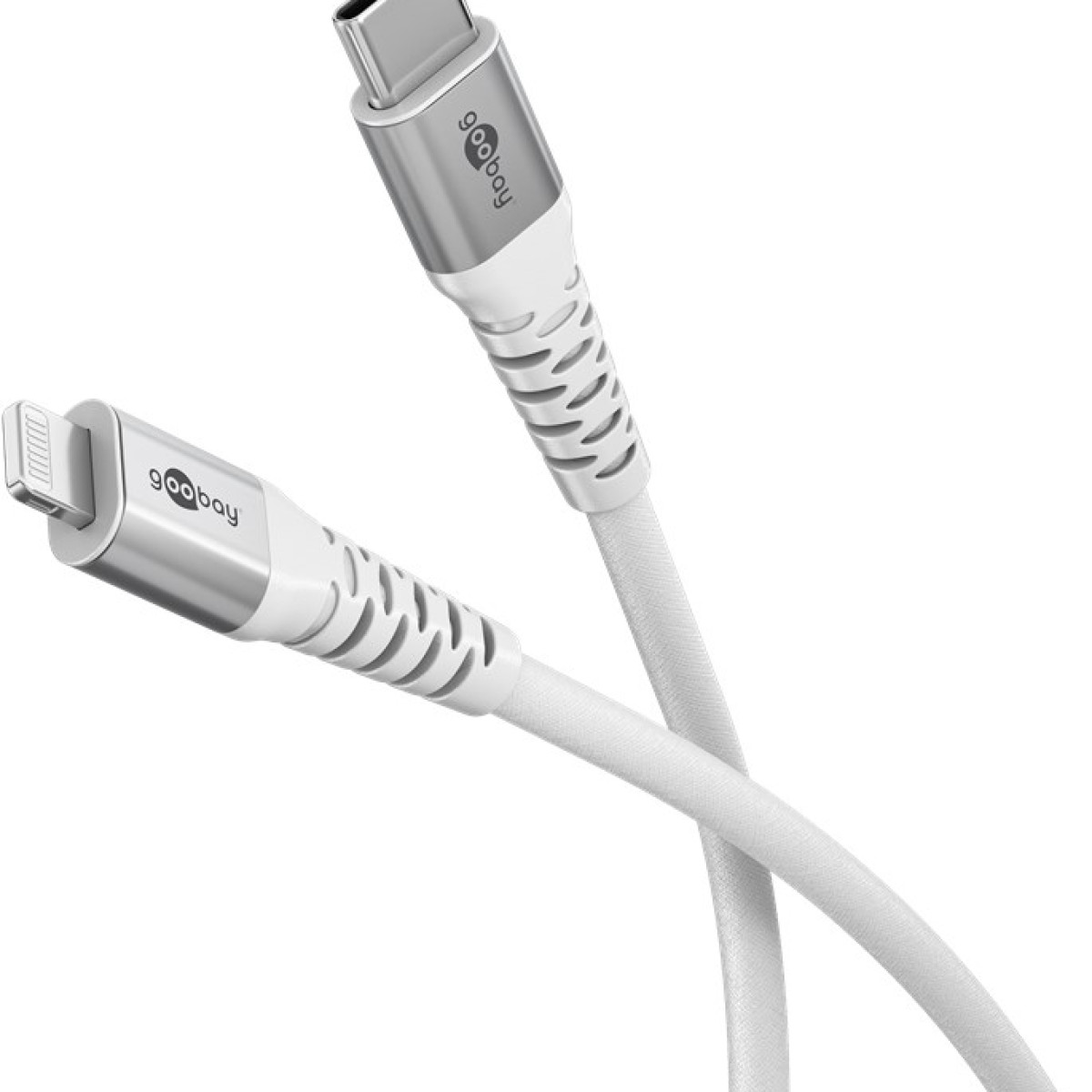 Cavo da USB-C a Lightning bianco. Cavo e connettori bianchi su sfondo bianco.