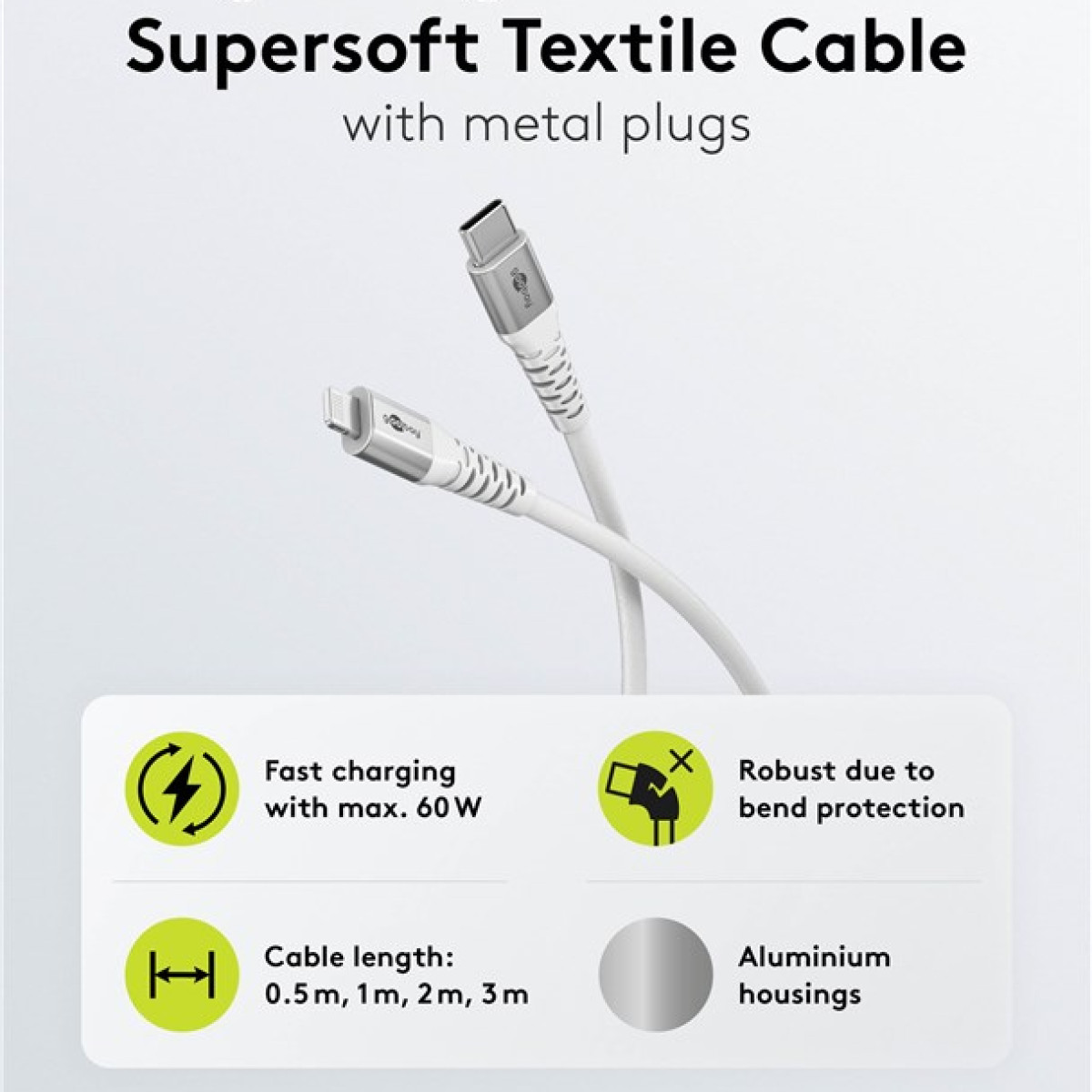 Un cavo bianco con connettori USB-C e USB-A, con icone per la ricarica rapida, protezione dalle piegature e alloggiamento in alluminio.