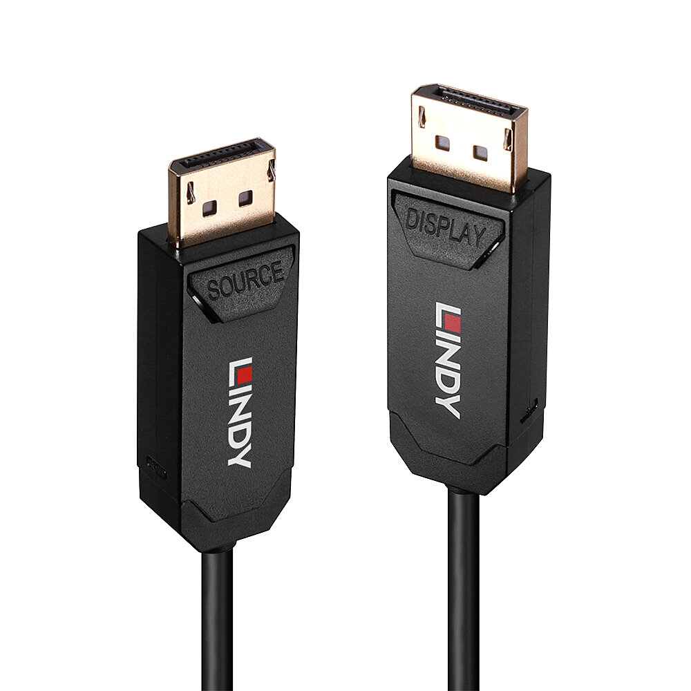 Due cavi DisplayPort neri con connettori dorati. Marchio LINDY. Sfondo bianco.