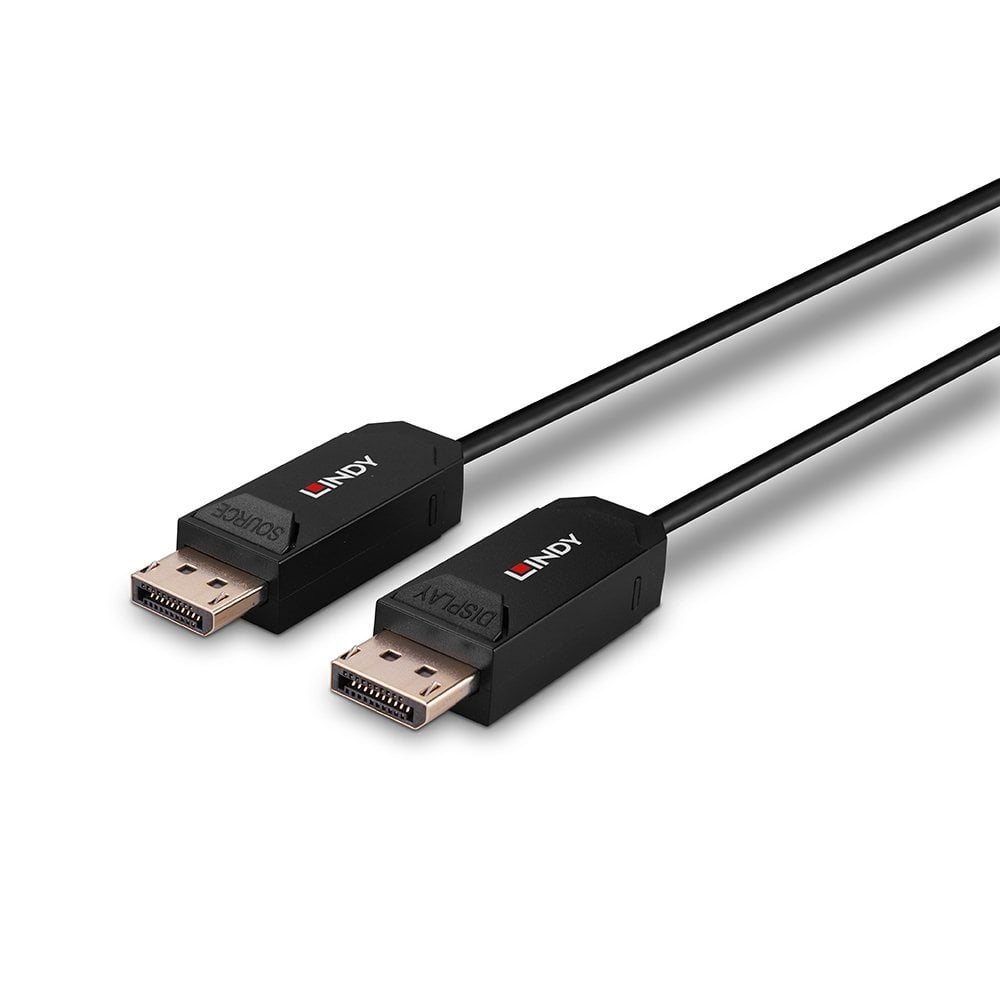 Cavo DisplayPort nero con connettori dorati. Marchio LINDY. Sfondo bianco.