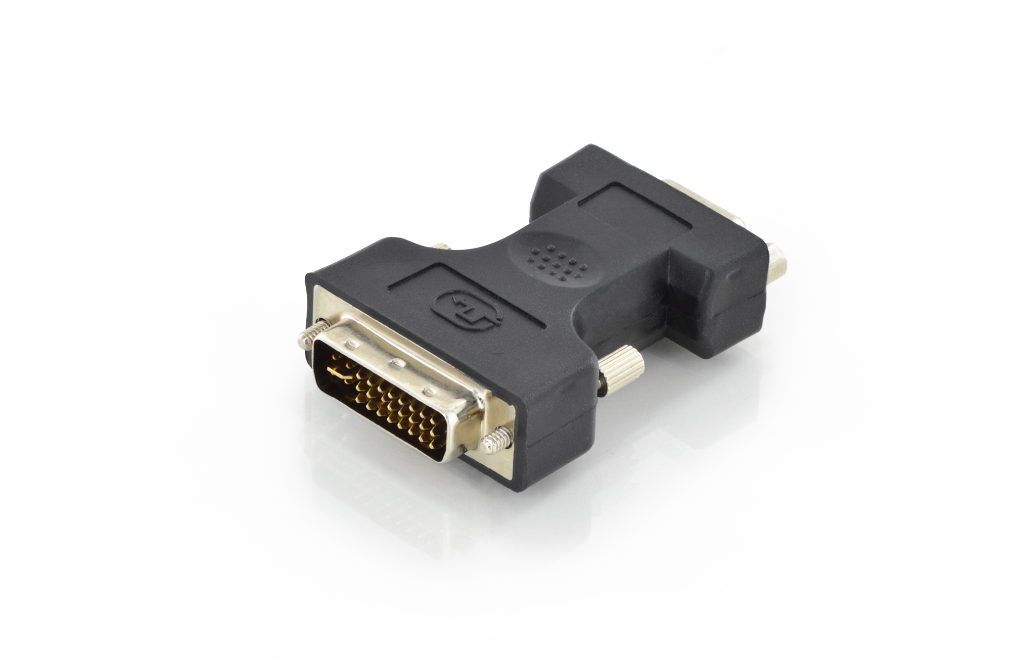 Adaptador DVI-D negro sobre blanco. Tiene pines y una parte roscada.