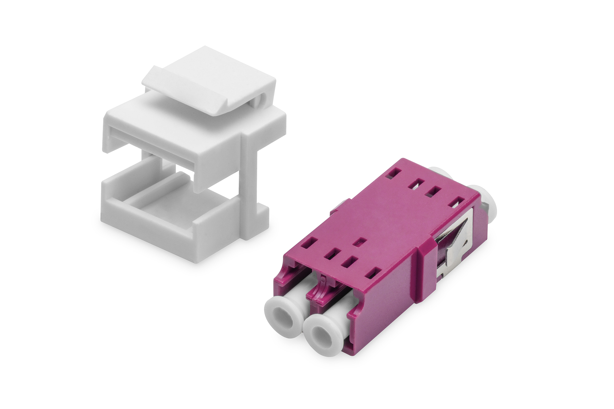 Un connettore bianco con un inserto viola. C'è un pezzo bianco separato. Lo sfondo è bianco.