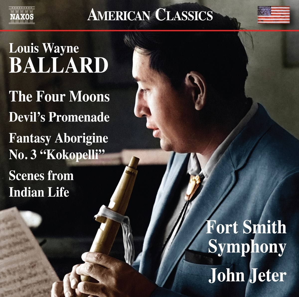 Copertina dell'album con un uomo che suona il flauto e testo: Louis Wayne Ballard, The Four Moons.