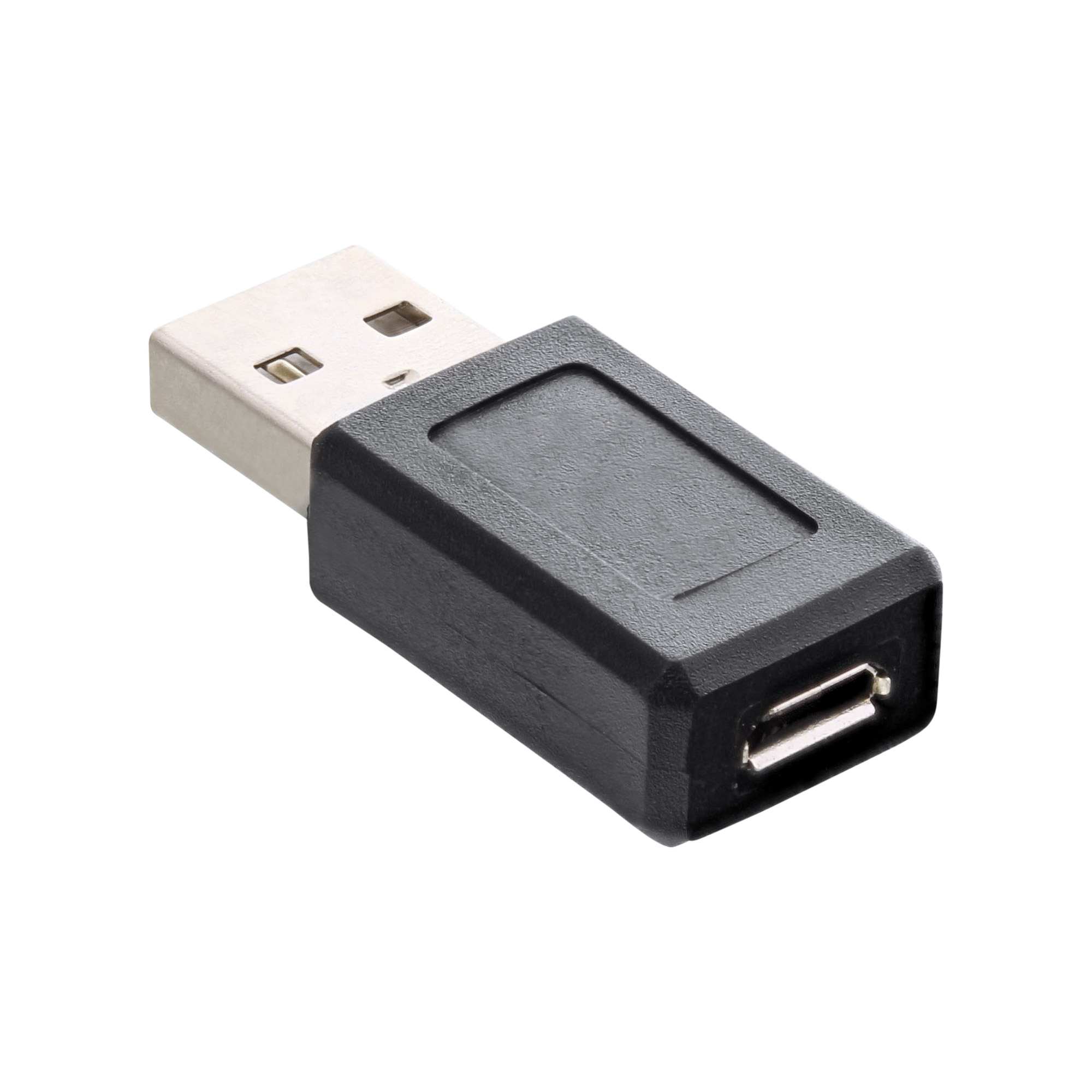 Schwarzer USB-auf-Micro-USB-Adapter, auf weißem Hintergrund.