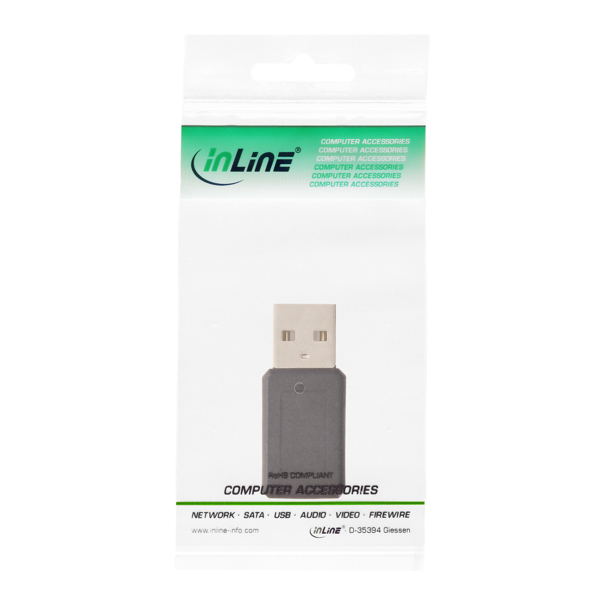 Eine Plastiktüte mit einem USB-Adapter, mit Text über Computerzubehör.