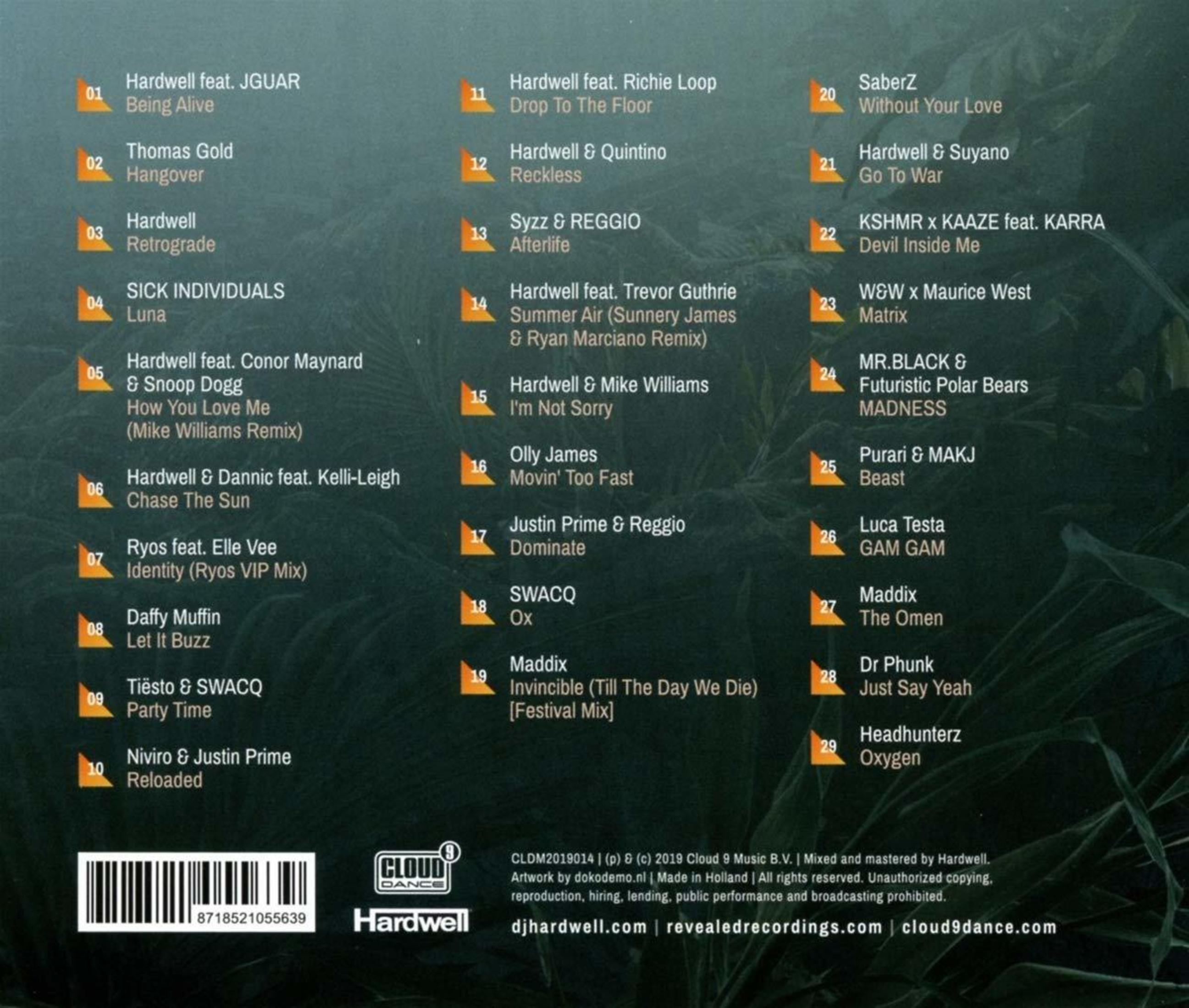 Ein Musikalbumcover mit Titelliste und dem Logo 'Cloud 9 Dance'. Der Text ist weiß auf dunklem Hintergrund.