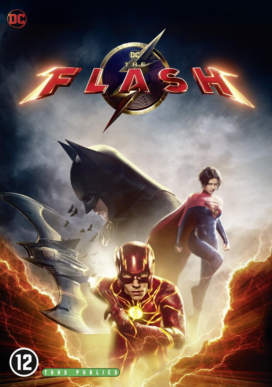 Filmposter met Flash, Batman en Supergirl. Tekst: THE FLASH, DC Comics.
