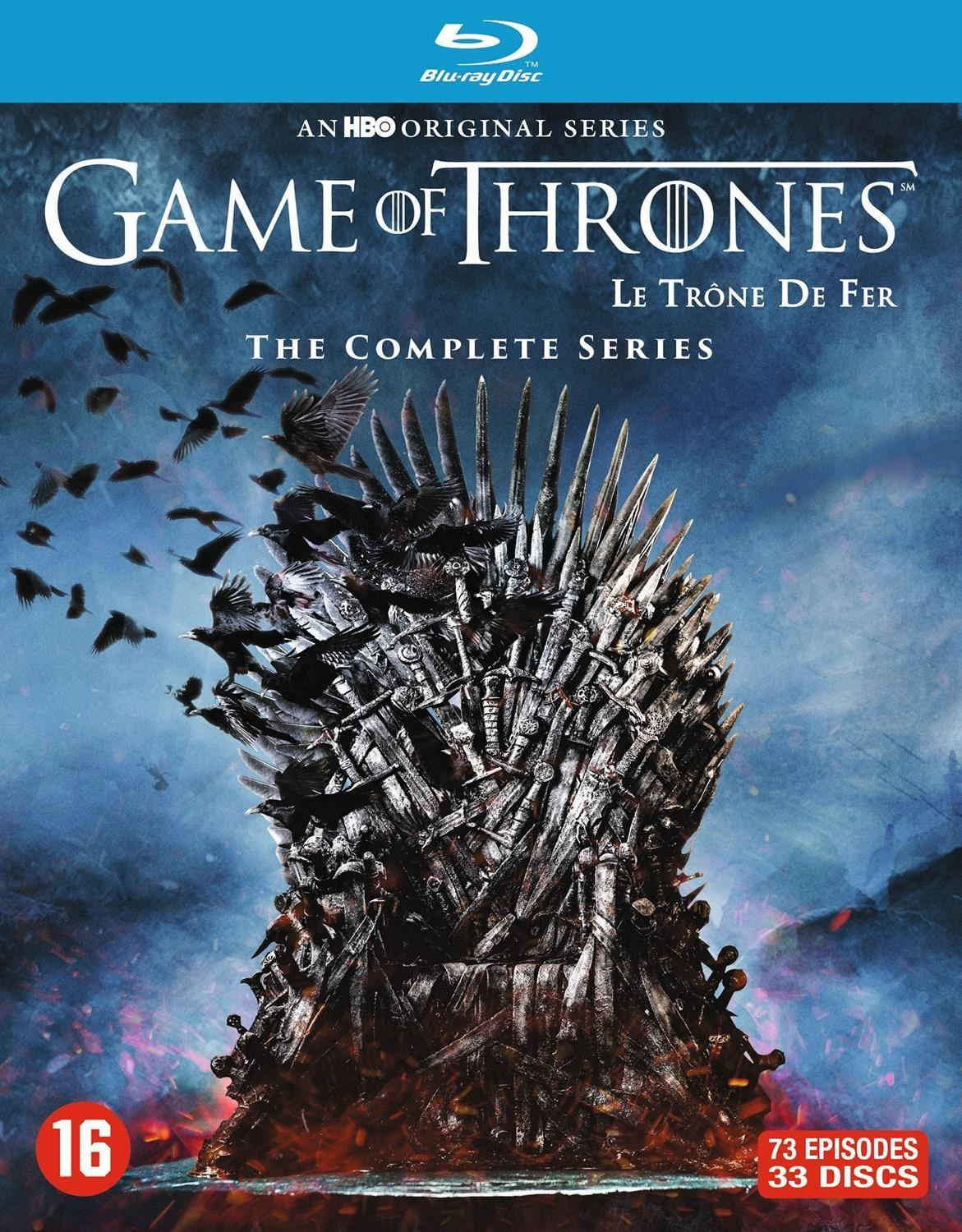 Blu-ray cover voor Game of Thrones: The Complete Series. Een troon gemaakt van zwaarden staat in het midden.
