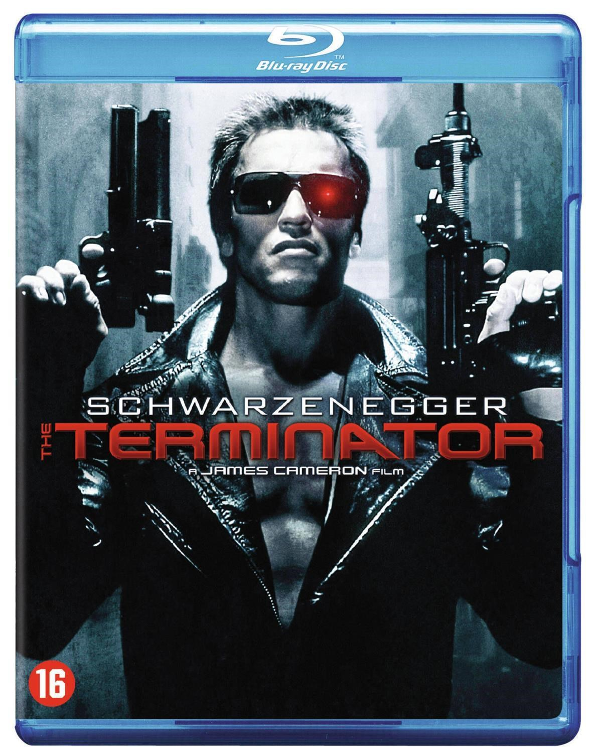 Blu-ray-hoes: Arnold Schwarzenegger houdt geweren vast. Titel: The Terminator. Zwarte achtergrond.