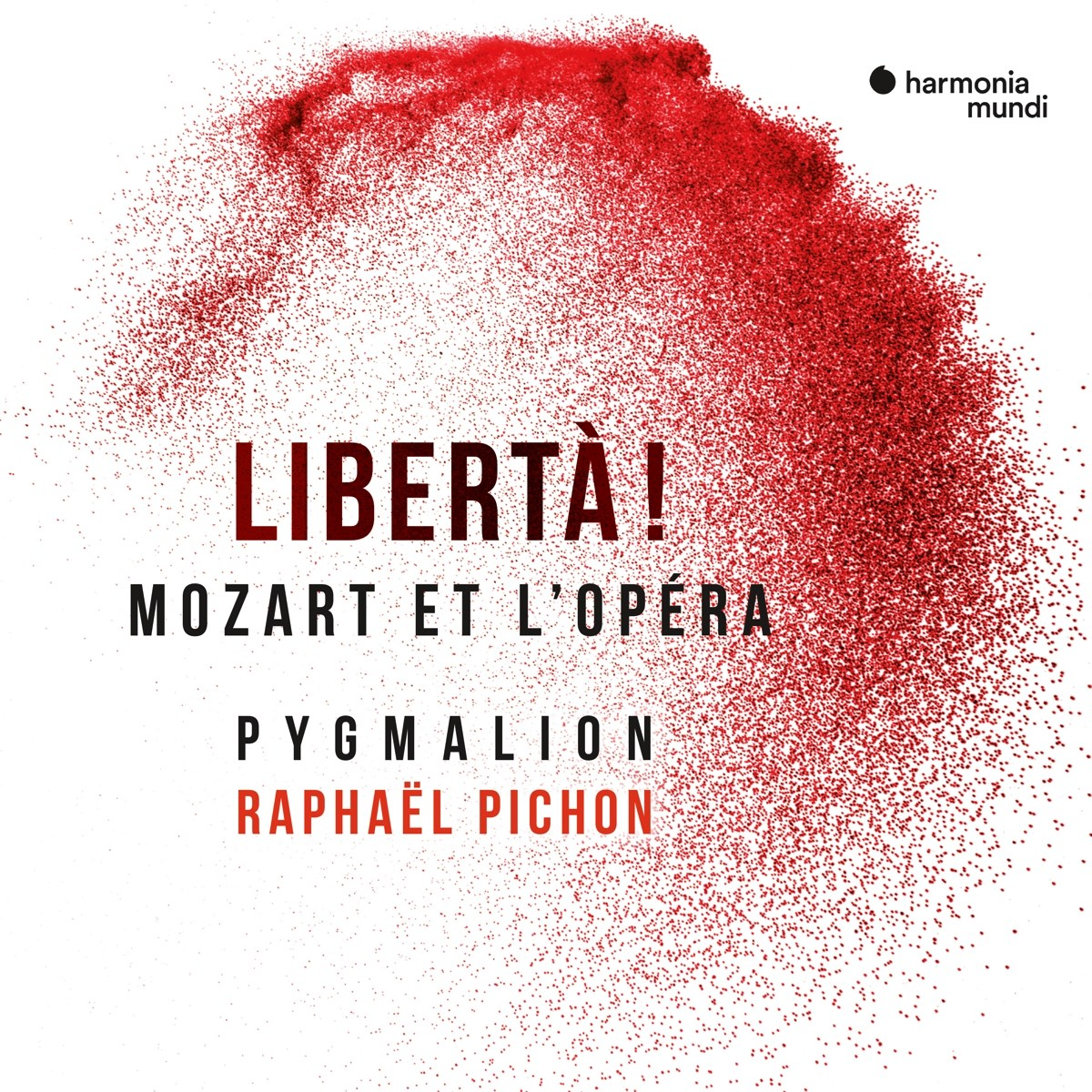 Copertina dell'album: Design astratto rosso e testo con 'LIBERTÀ! MOZART ET L'OPÉRA'.
