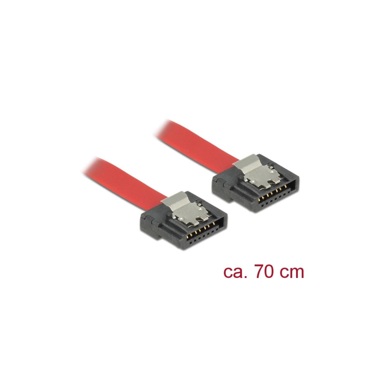 Due cavi SATA rossi con connettori neri su sfondo bianco. La lunghezza è di circa 70 cm.