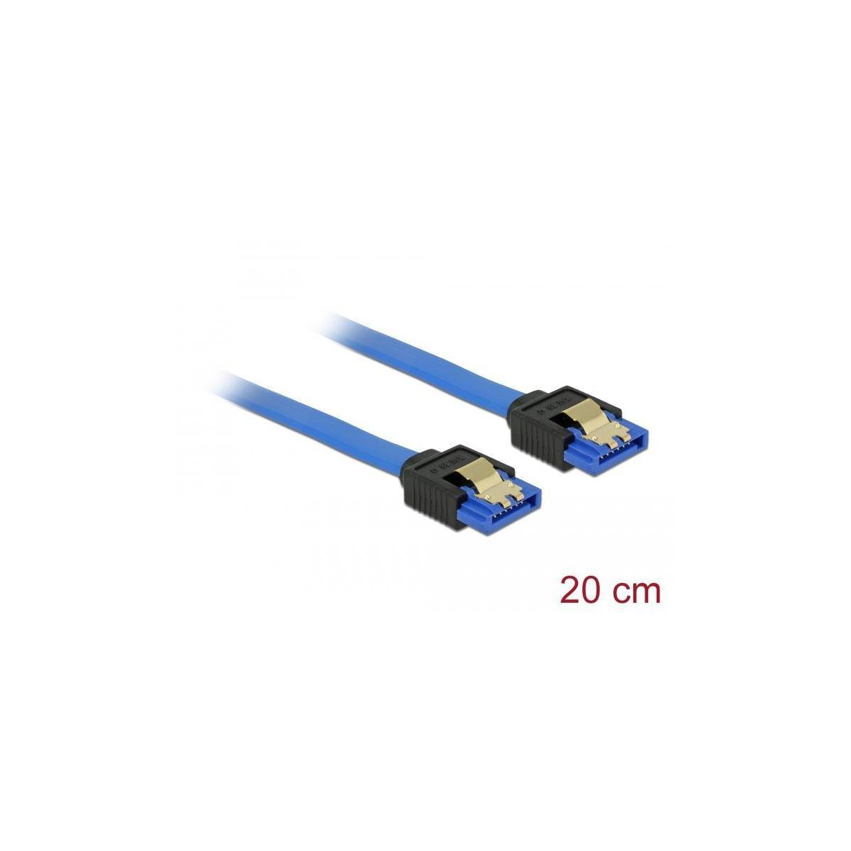 Due cavi SATA blu con connettori neri, su sfondo bianco. La lunghezza è di 20 cm.