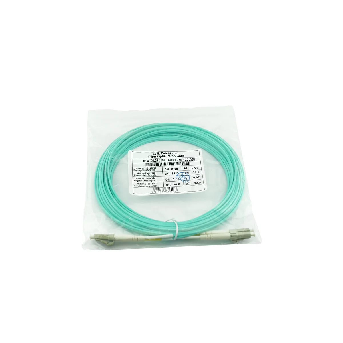 Cavo in fibra ottica verde acqua in confezione trasparente su sfondo bianco.