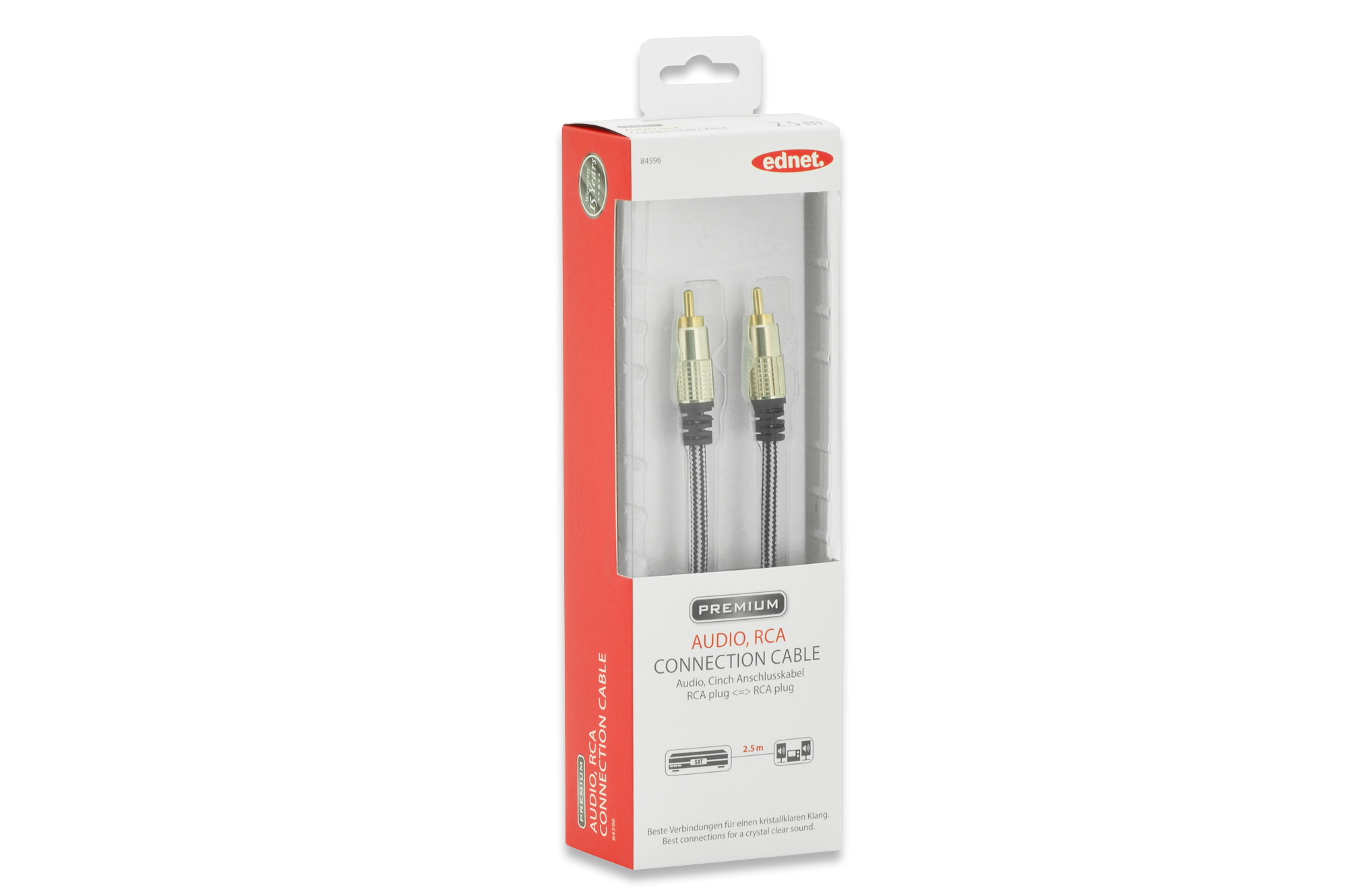 Cable RCA de audio empaquetado en una caja de plástico transparente. Fondo blanco.
