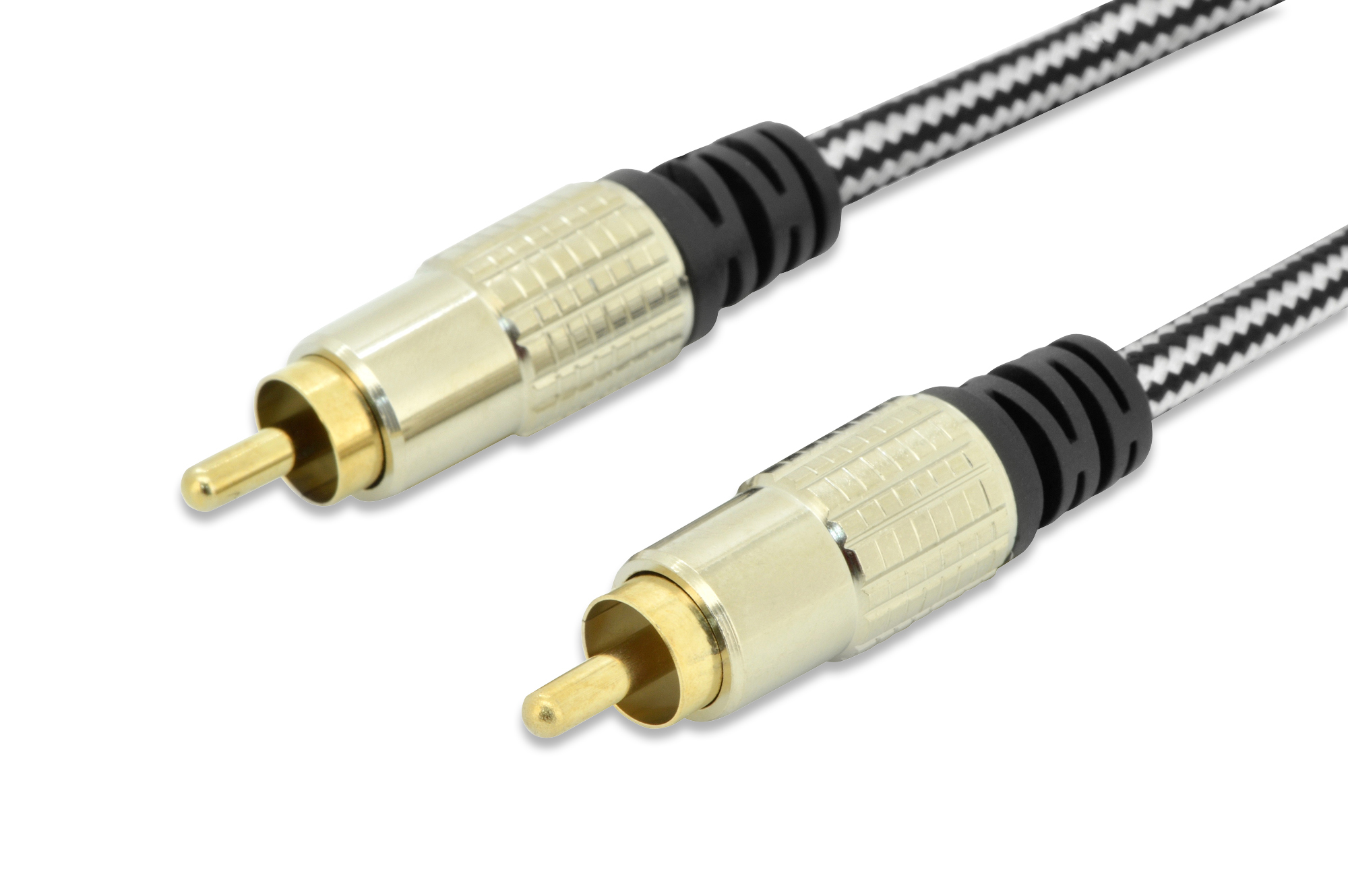 Cable RCA con patrón trenzado en blanco y negro. Fondo blanco.