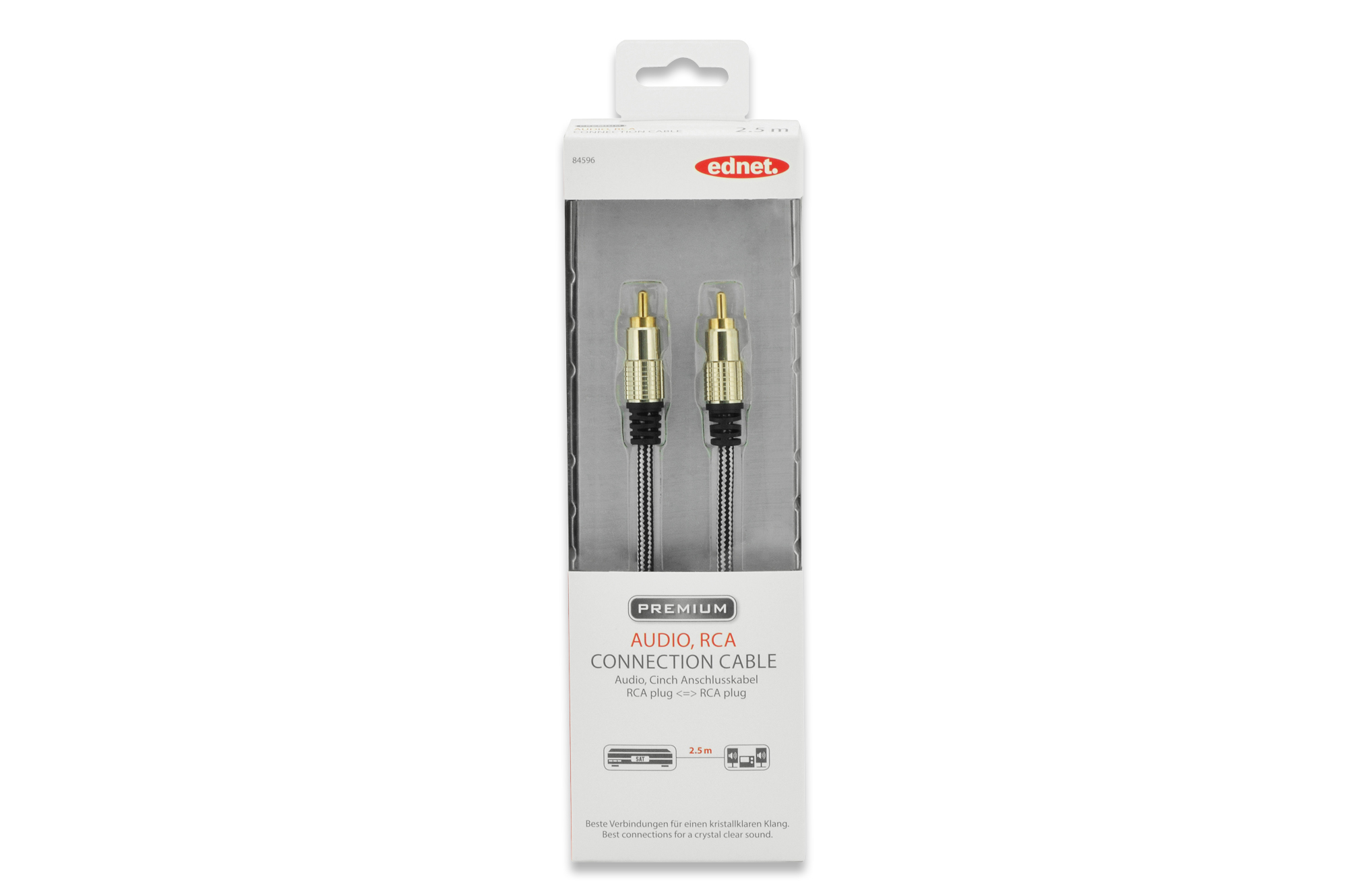 Cable RCA de audio empaquetado en una caja de plástico transparente. Fondo blanco.