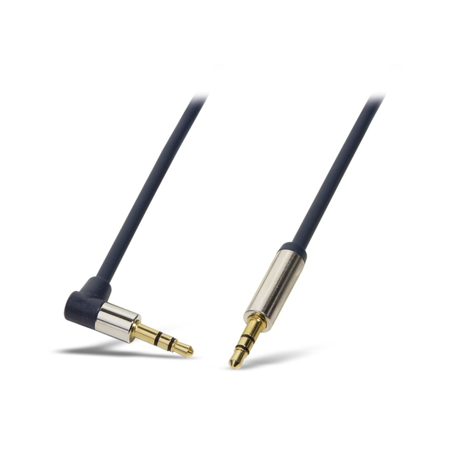 Dos cables de audio de 3,5 mm, uno recto, otro en ángulo, ambos con puntas doradas, sobre fondo blanco.