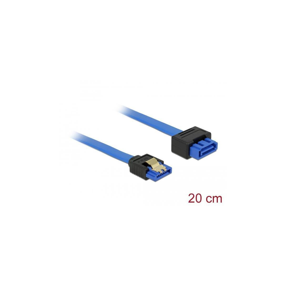 Ein blaues SATA-Kabel mit schwarzen Anschlüssen auf weißem Hintergrund. Text: 20 cm.