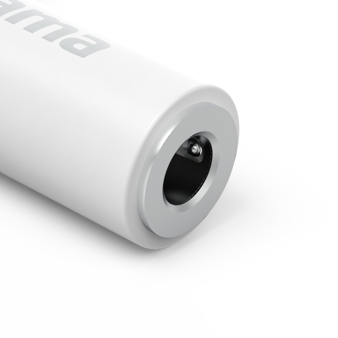 Białe, cylindryczne złącze zasilania na białej powierzchni.