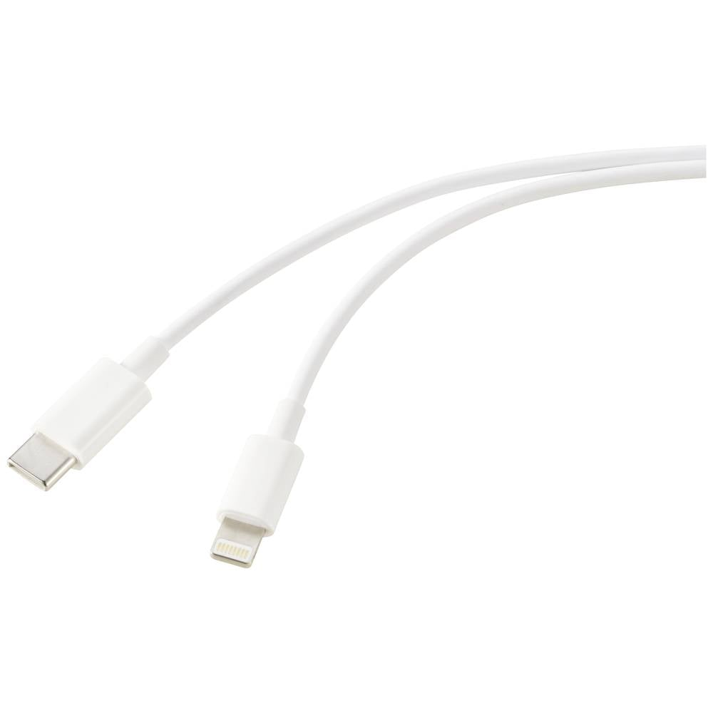Cavo da USB-C a Lightning bianco, connettori bianchi, su sfondo bianco.