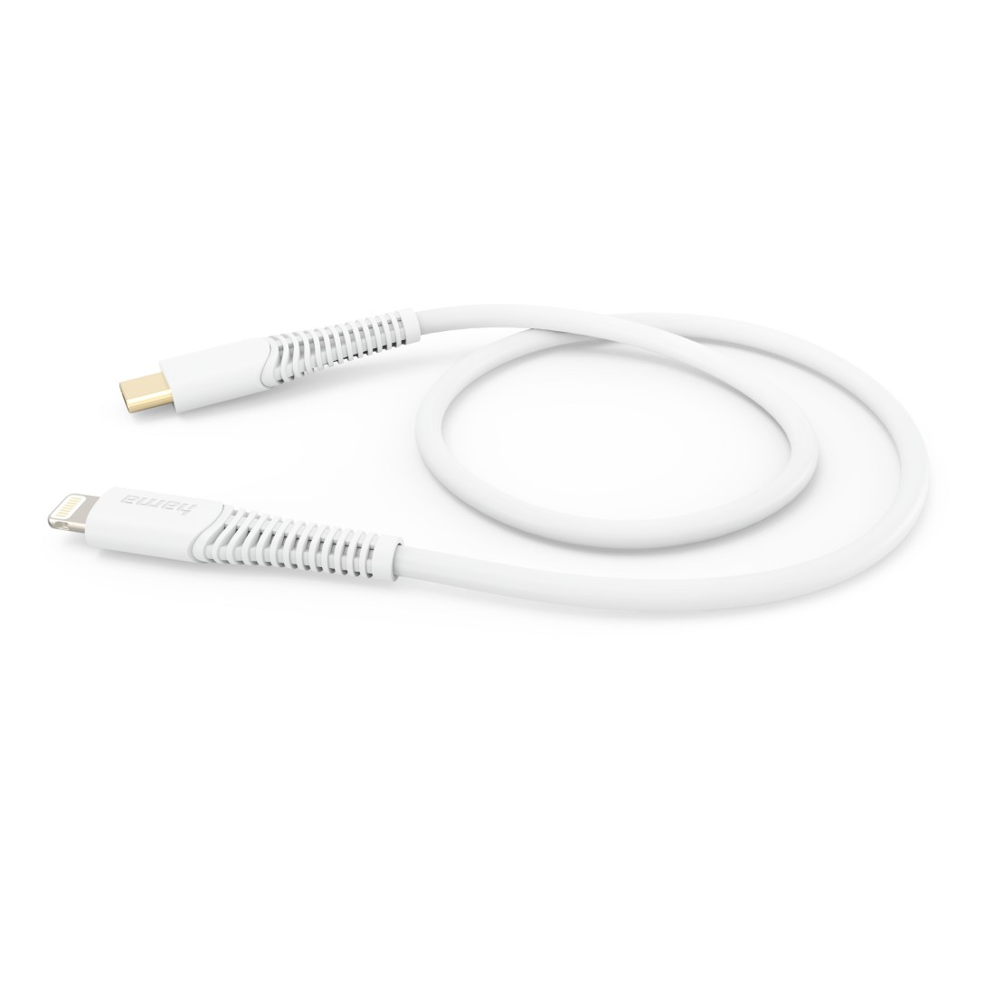 Cavo di ricarica bianco con connettori Lightning e USB-C. Sfondo bianco.