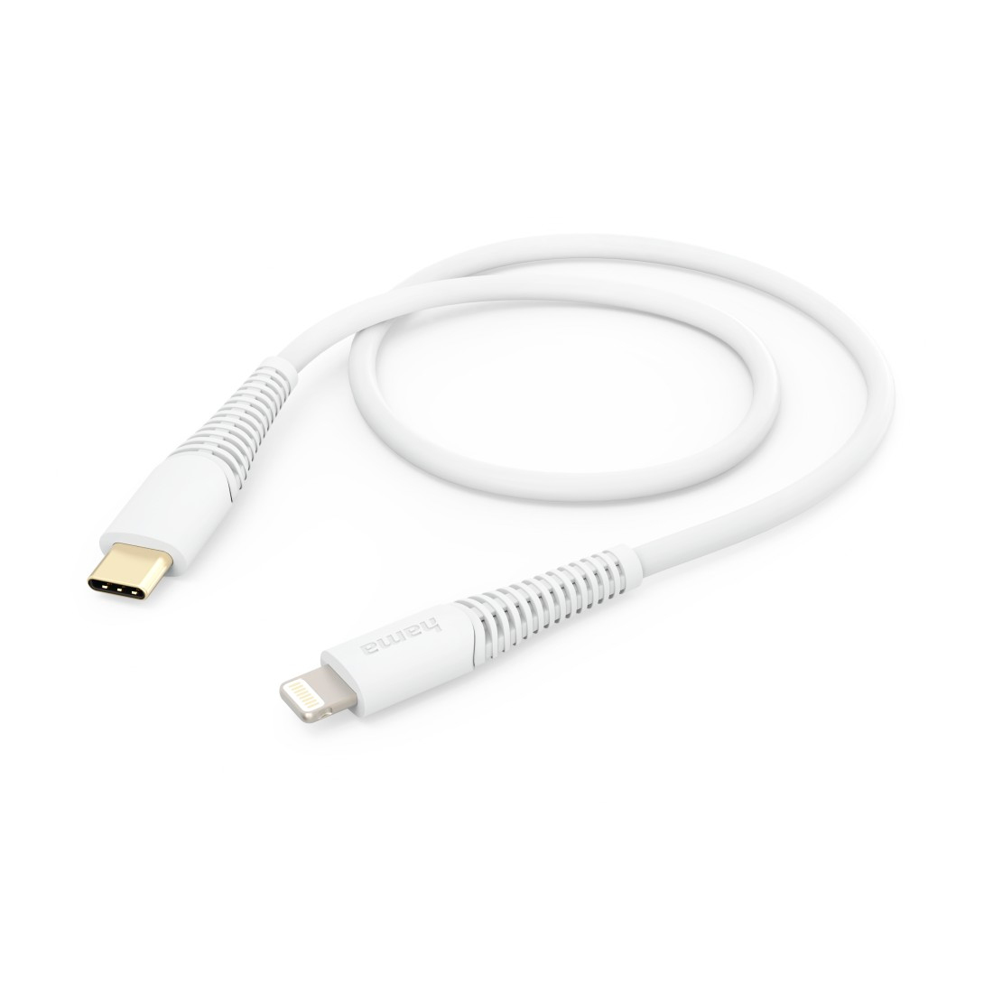 Cavo di ricarica bianco con connettore USB-C e Lightning, entrambi bianchi, arricciati.