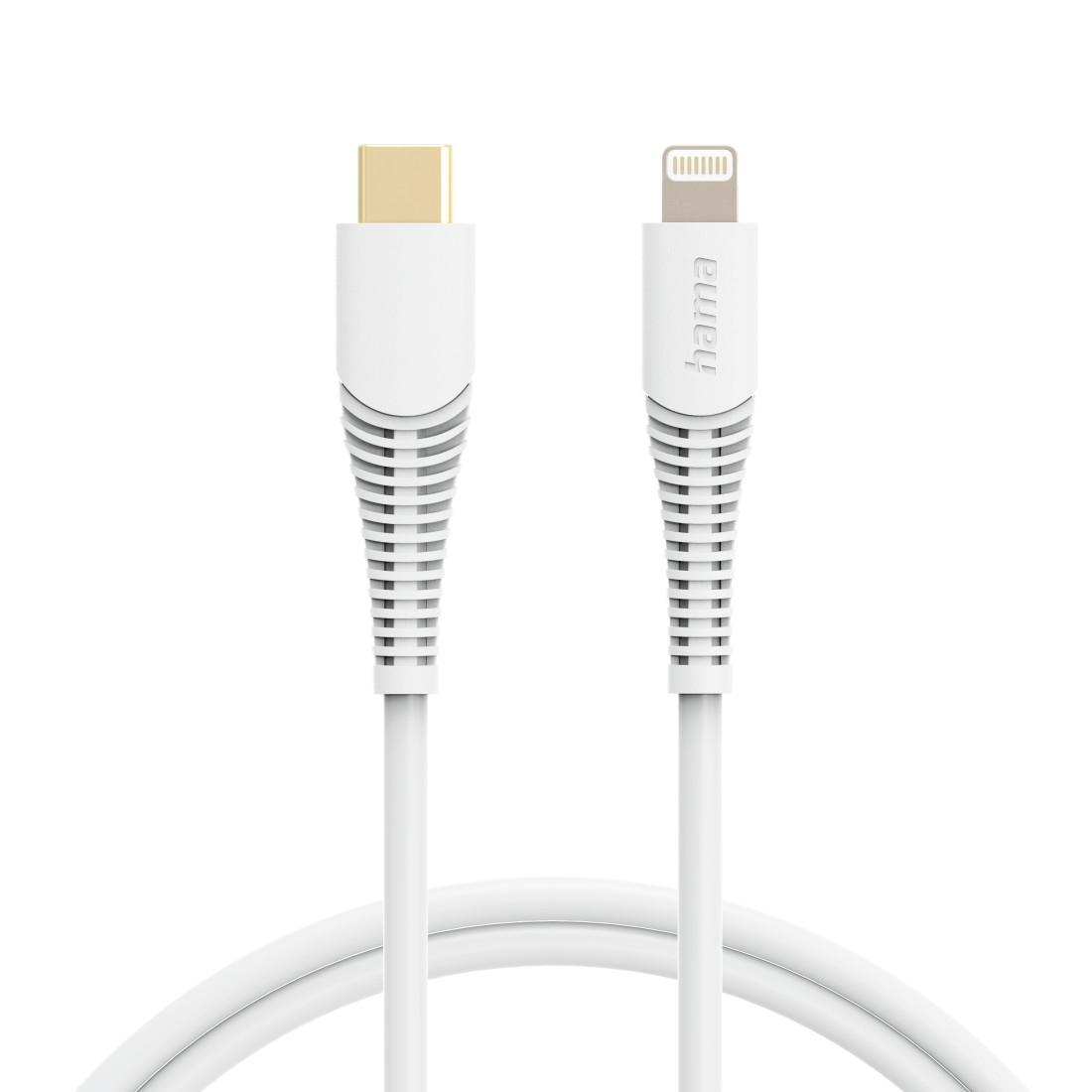 Cavo da USB-C a Lightning bianco con marchio Hama sull'estremità Lightning.