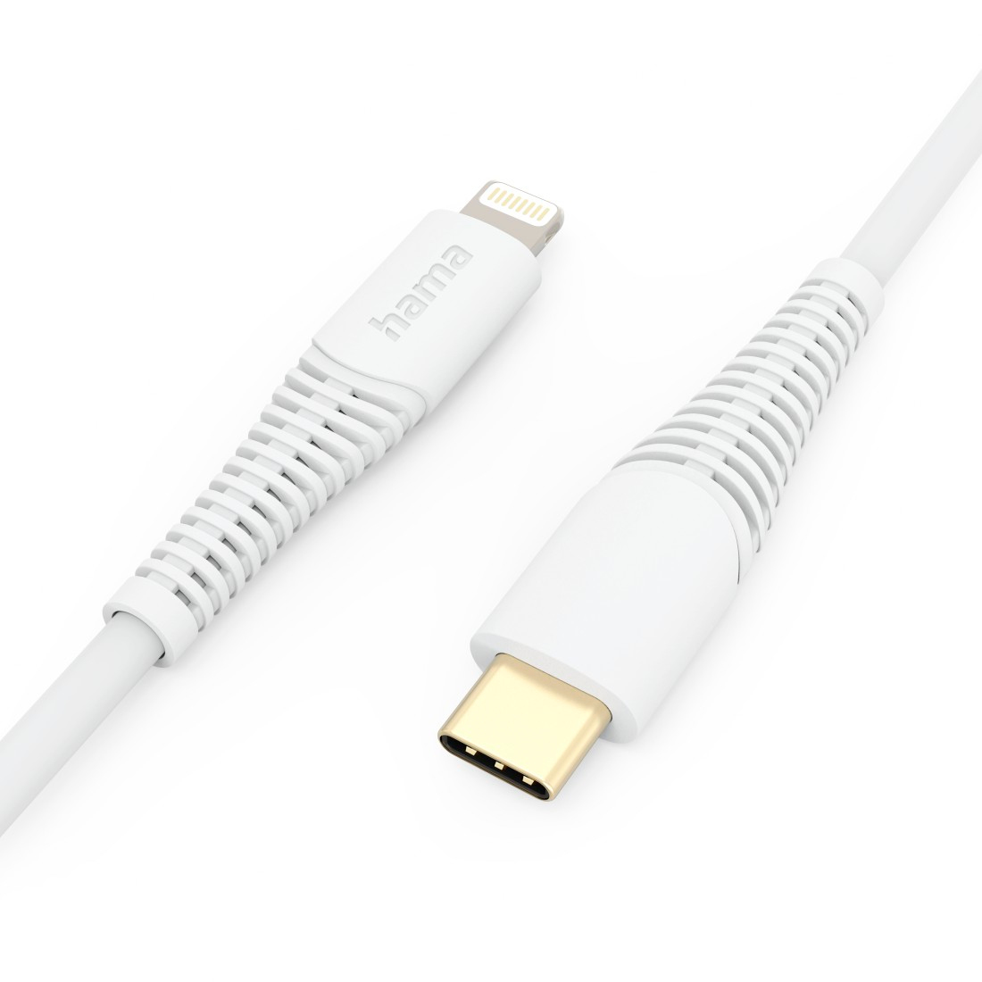Cavo da Lightning a USB-C bianco, sfondo bianco. Connettore Lightning a sinistra.