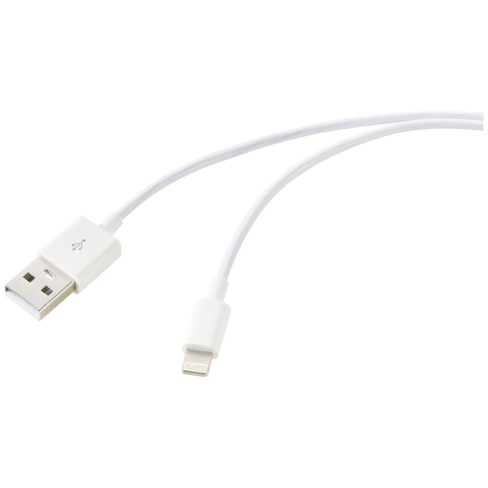 Biały kabel ładujący ze złączami USB i Lightning. Białe tło.