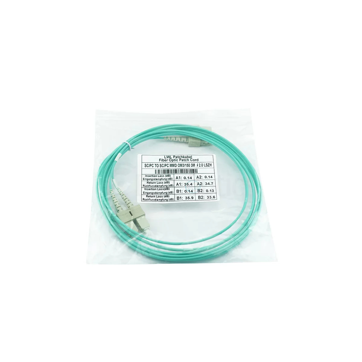 Cavo in fibra ottica verde in confezione di plastica con info prodotto.
